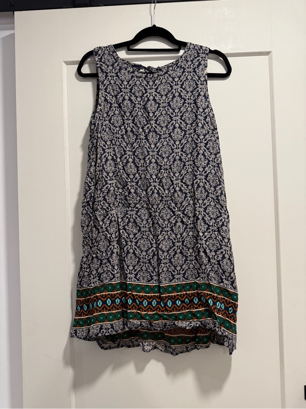 She + Sky Navy and White Sleeveless Mini Dress with Green and Orange Border